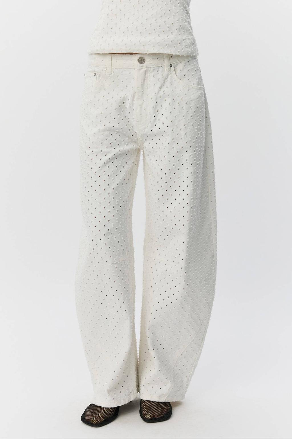 Ecru dames Sofie Schnoor high waist barrel jeans van denim met rits- en knoopsluiting en effen