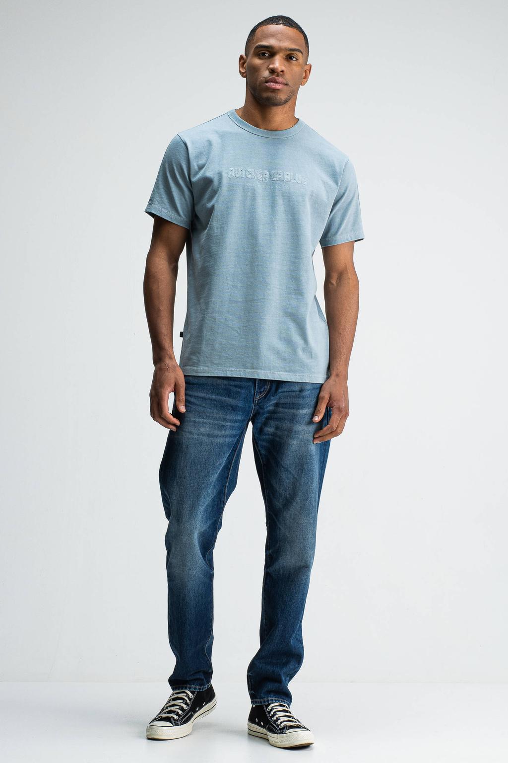 Blauwe heren Butcher of Blue regular T-shirt van katoen met korte mouwen, ronde hals en borduursels