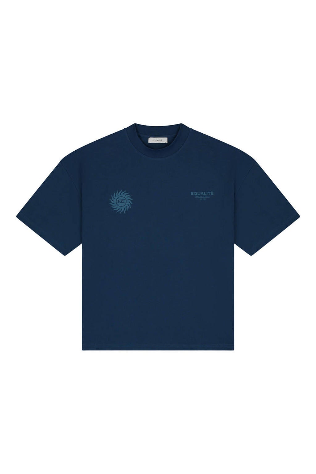 Donkerblauwe heren Equalité boxy T-shirt van katoen met backprint, korte mouwen en ronde hals