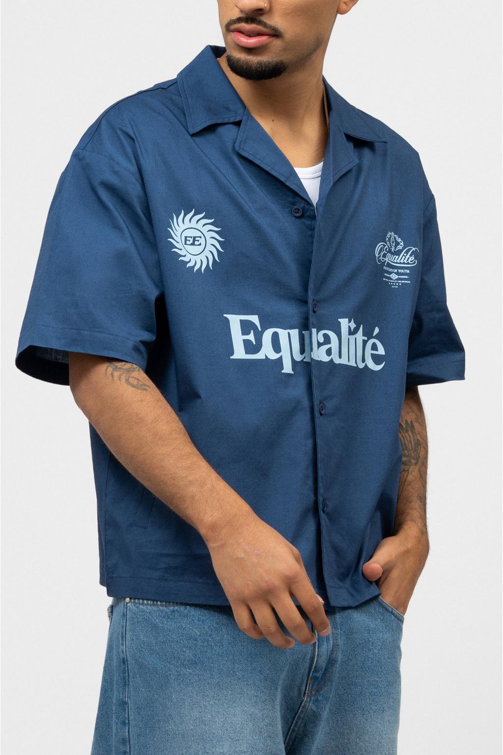 Donkerblauwe heren Equalité loose casual overhemd van katoen met printopdruk, korte mouwen, reverskraag en knoopsluiting