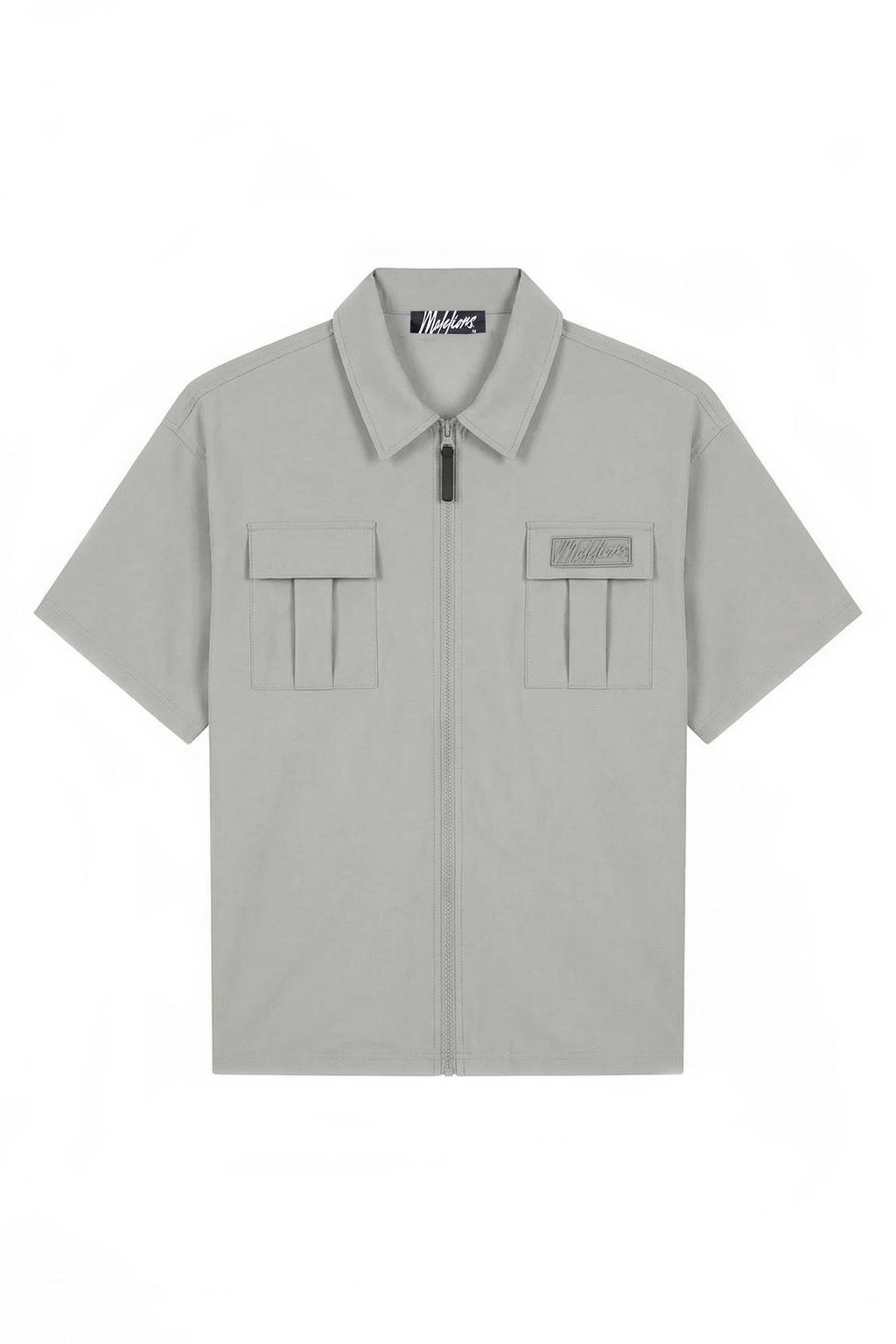 Grijze heren Malelions overshirt van polyamide met effen, korte mouwen, klassieke kraag en ritssluiting
