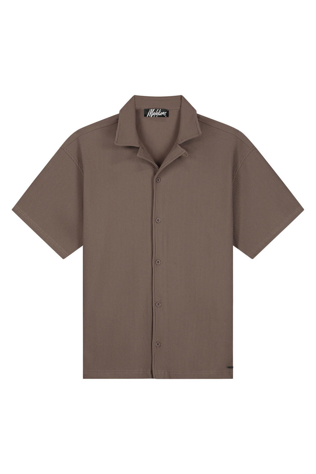 Bruine heren Malelions regular casual overhemd rib gebreid van polyester met effen, korte mouwen, reverskraag en knoopsluiting