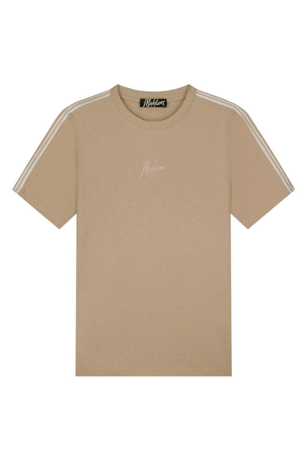 Taupe heren Malelions slim T-shirt van katoen met logo dessin, korte mouwen, ronde hals en schouderdetail