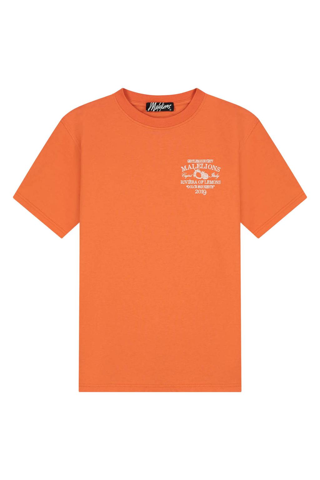 Oranje heren Malelions regular T-shirt van katoen met backprint, korte mouwen en ronde hals