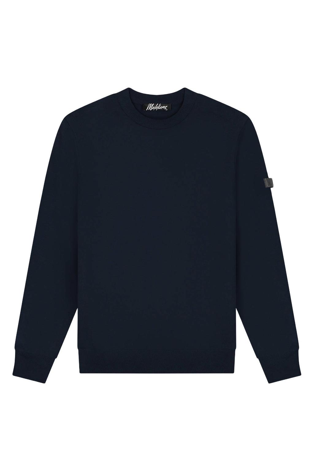 Donkerblauwe heren Malelions gebreide trui van viscose met effen, lange mouwen en ronde hals