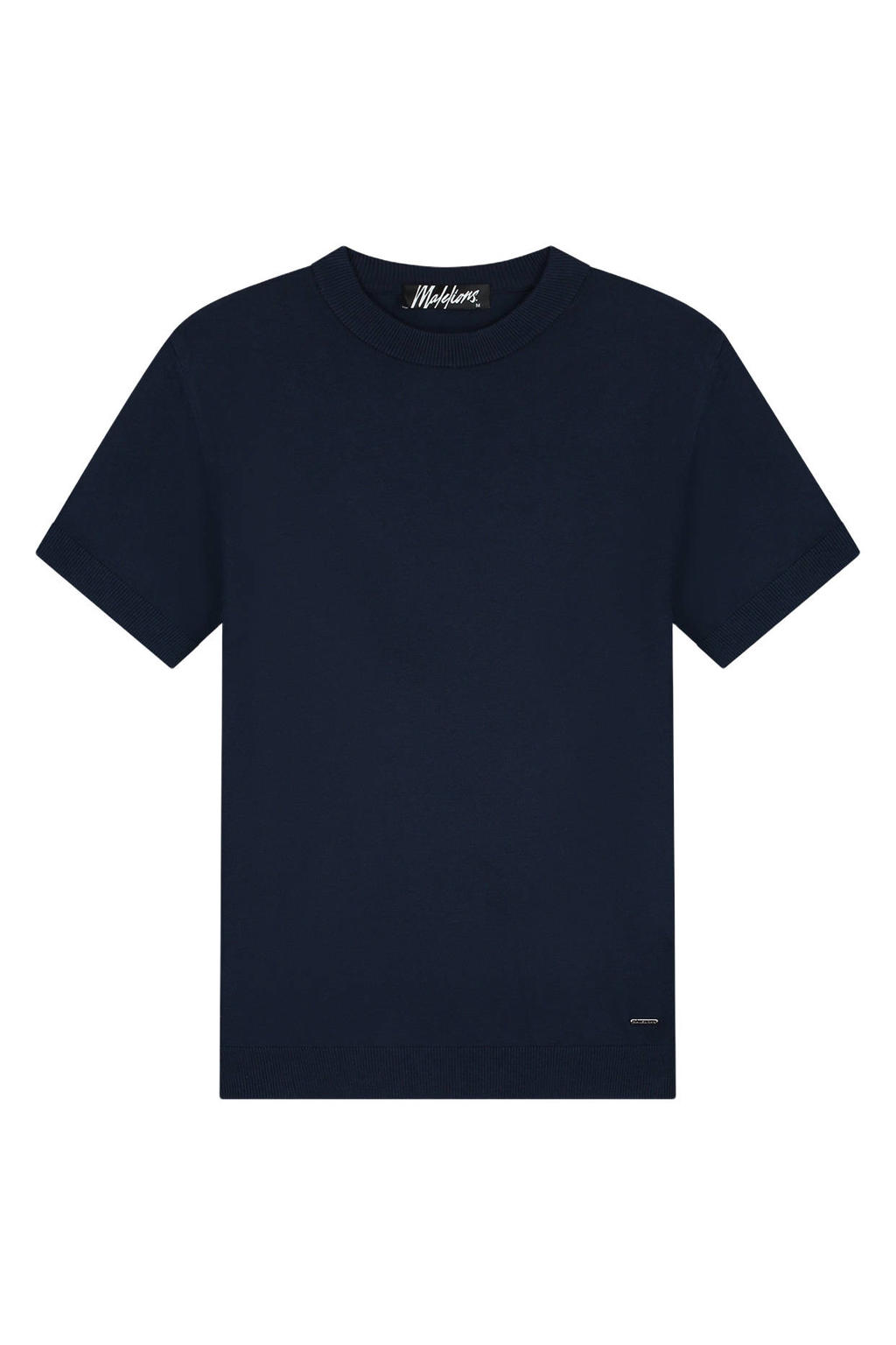 Donkerblauwe heren Malelions regular T-shirt van katoen met effen, korte mouwen en ronde hals