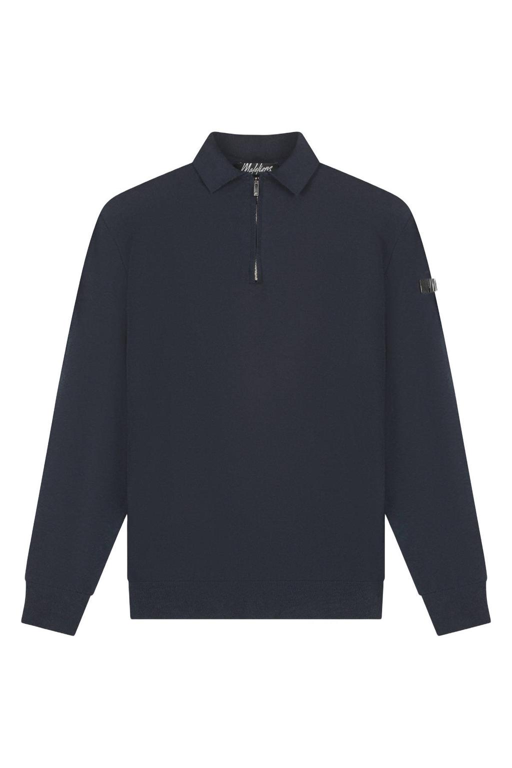Donkerblauwe heren Malelions slim polo van viscose met effen, korte mouwen en halve rits