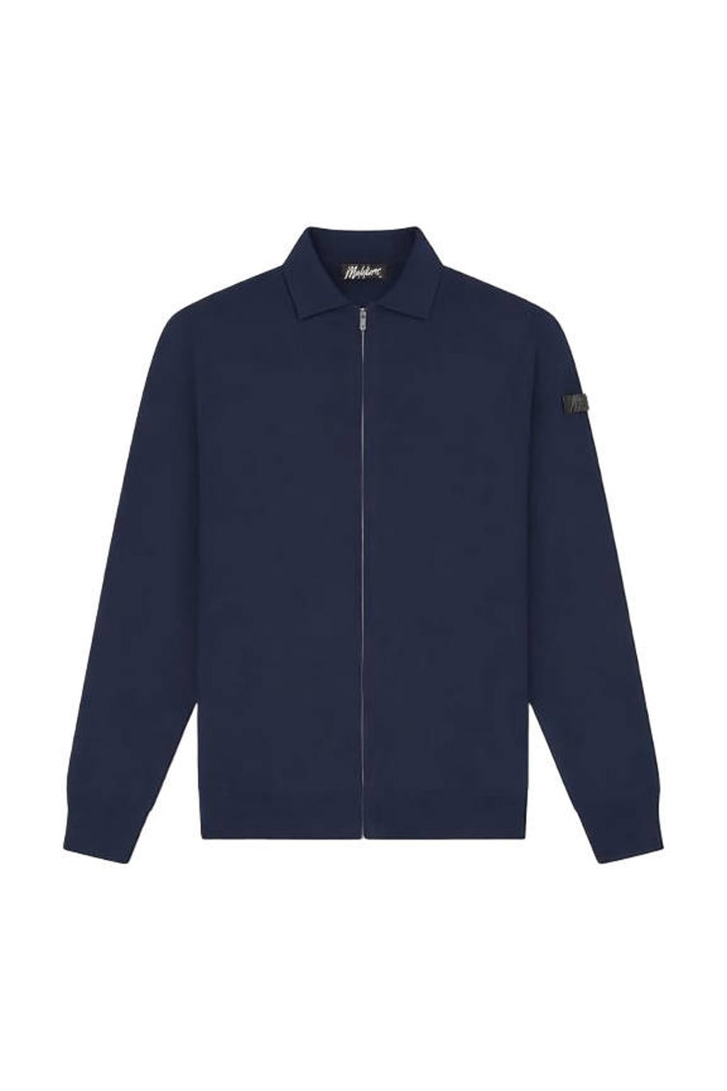 Donkerblauwe heren Malelions sweatvest met effen, lange mouwen, opstaande kraag en ritssluiting
