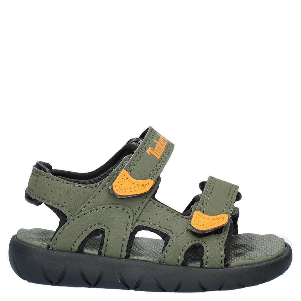 Zwart en kakikleurige jongens Timberland imitatieleren sandalen met klittenband
