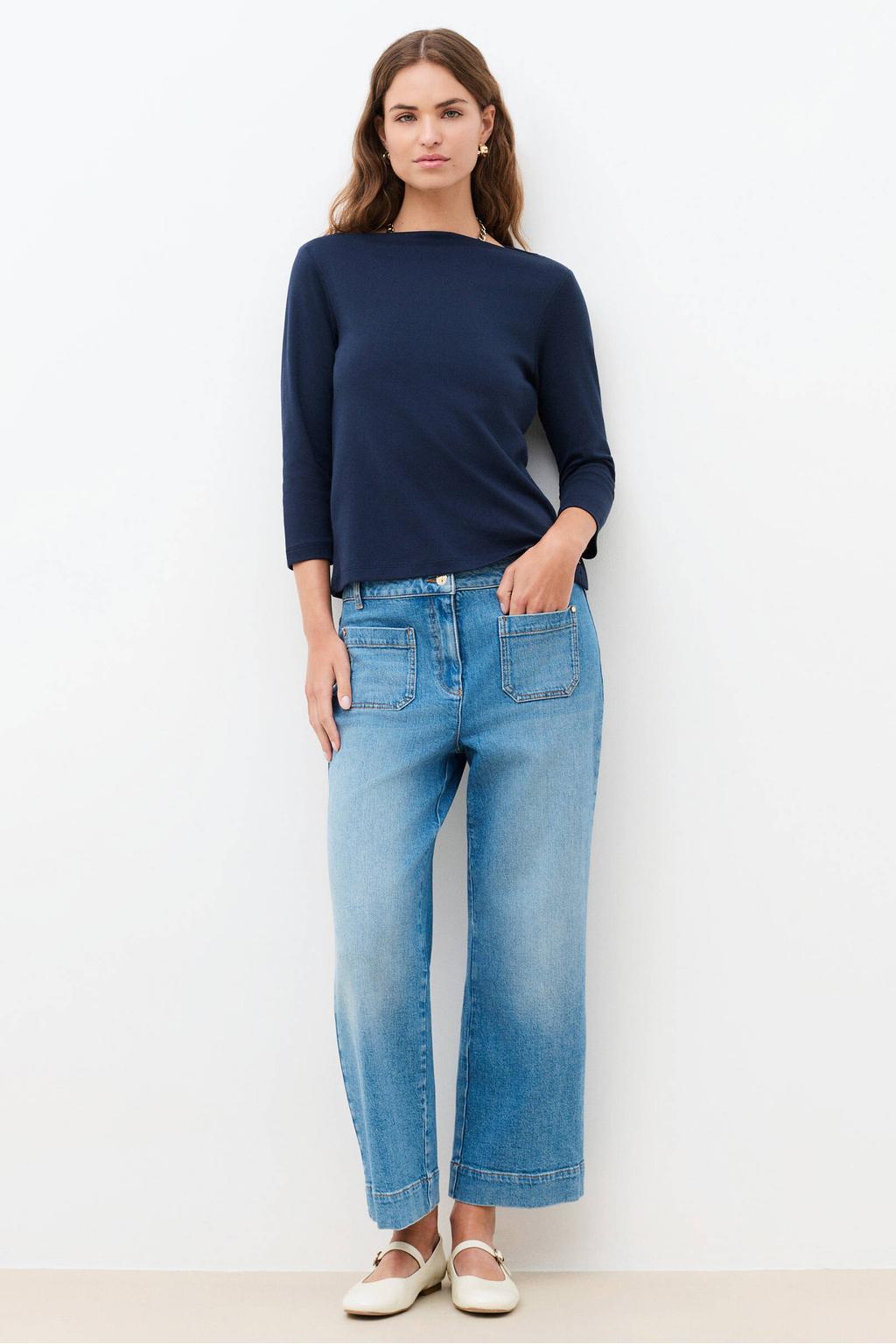 Marineblauw dames Caroll top blauw met effen, driekwart mouwen en boothals