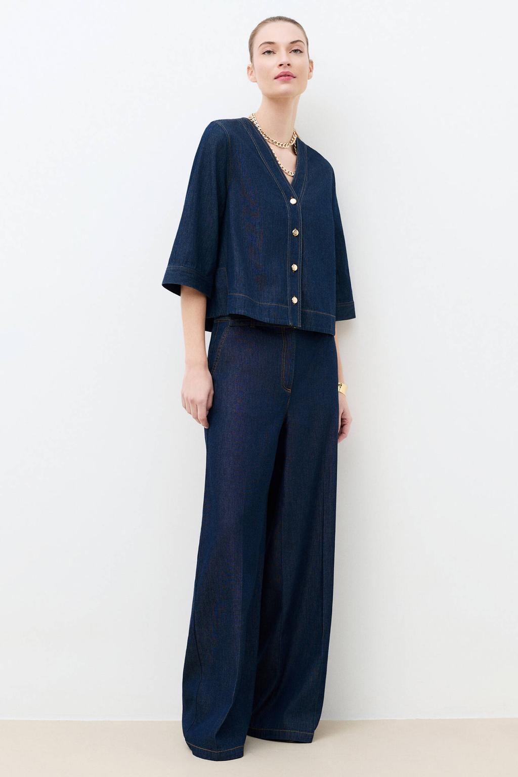 Dark blue denim dames Caroll high waist wide leg jeans dark blue van denim met rits- en knoopsluiting en effen