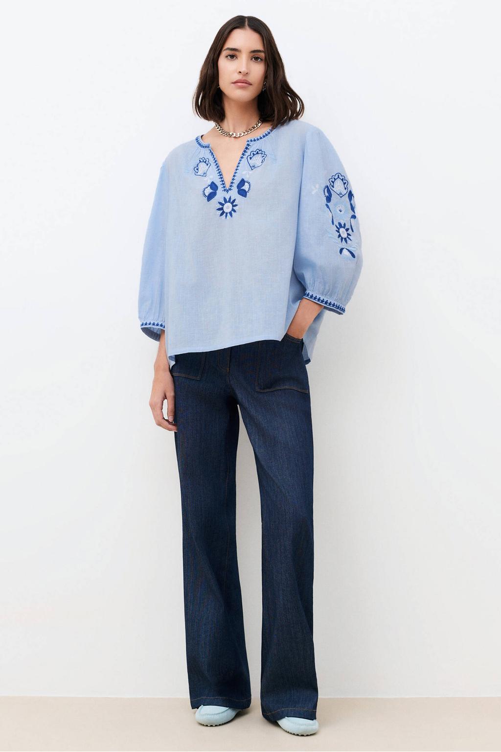 Blauwe dames Caroll blousetop van katoen met effen, lange mouwen, mao kraag en borduursels