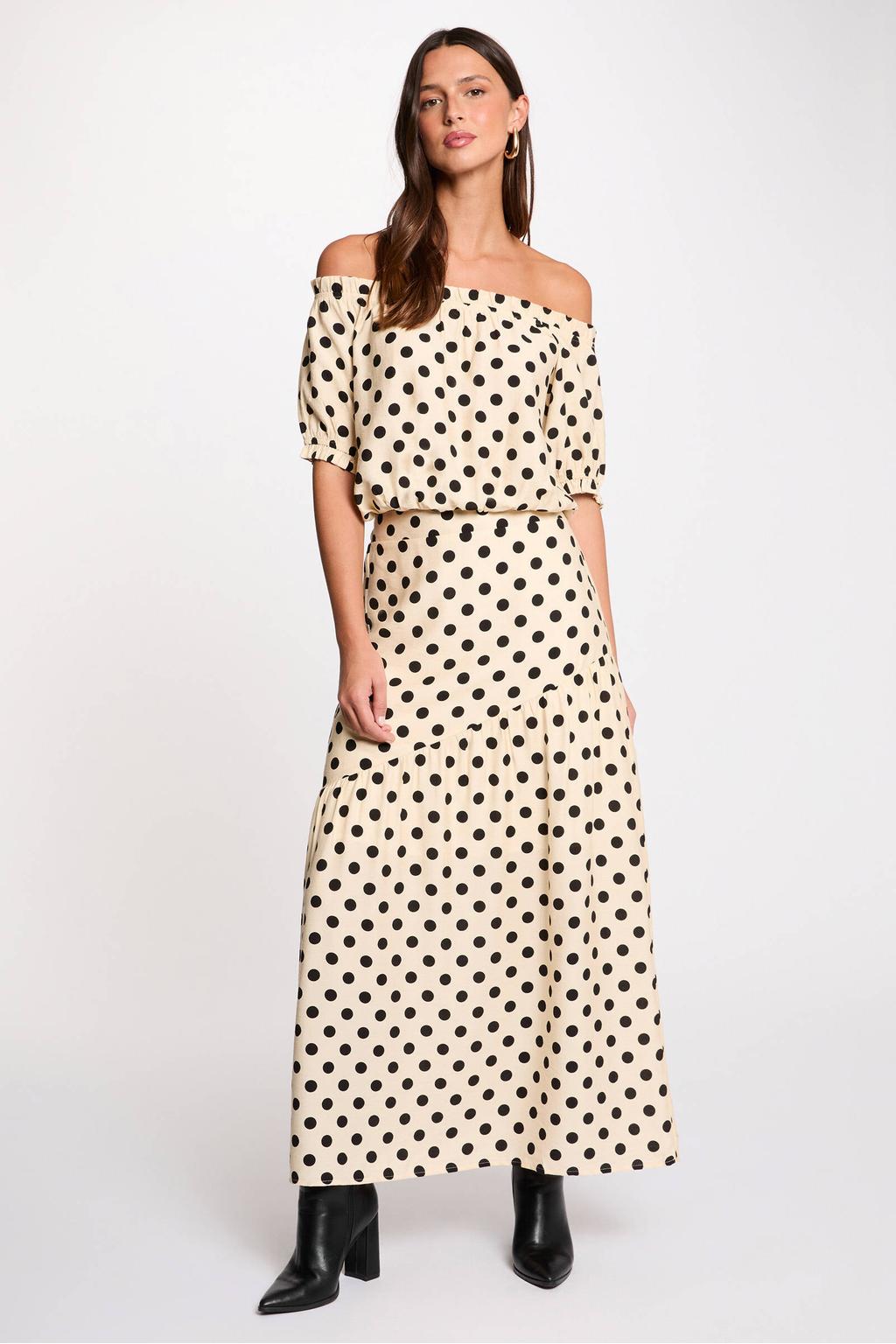 Ecru en zwarte dames Morgan maxi rok met stippen gemaakt van viscose