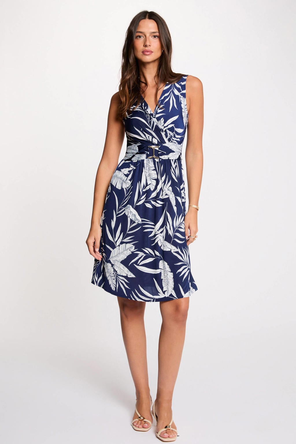 Donkerblauw en witte dames Morgan korte jurk van polyester met bladprint en V-hals