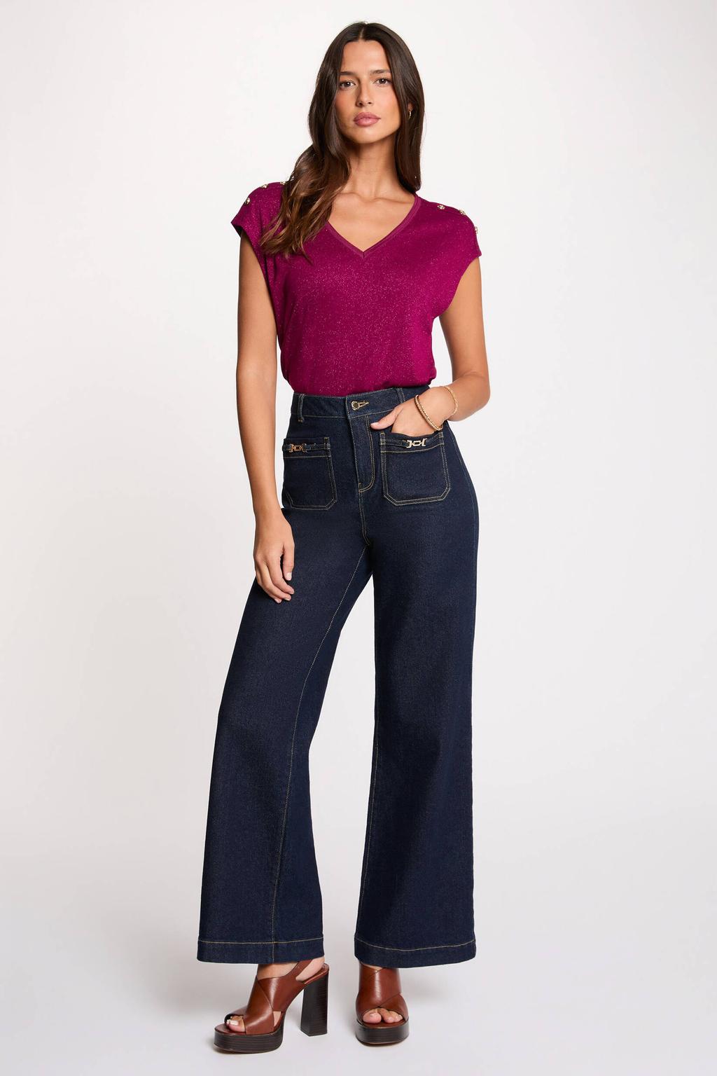 Donkerpaarse dames Morgan top van viscose met effen, korte mouwen, V-hals en glitters