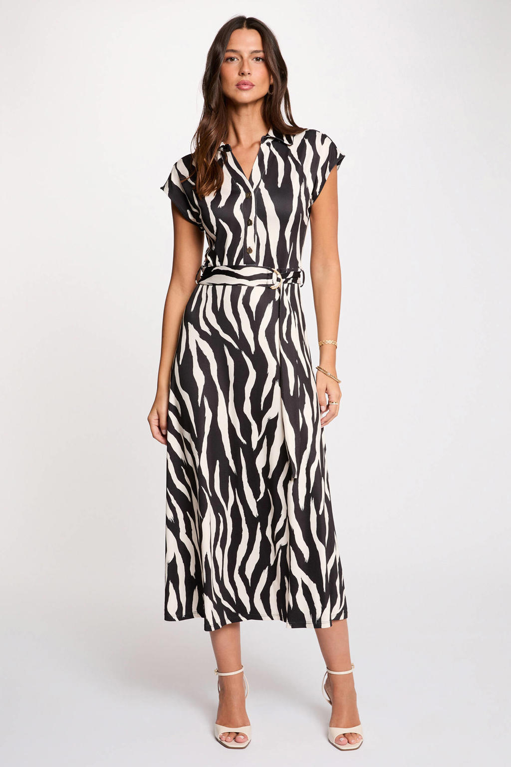 Zwart en ecru dames Morgan blousejurk van polyester met zebraprint, korte mouwen, polo kraag, knoopsluiting en ceintuur