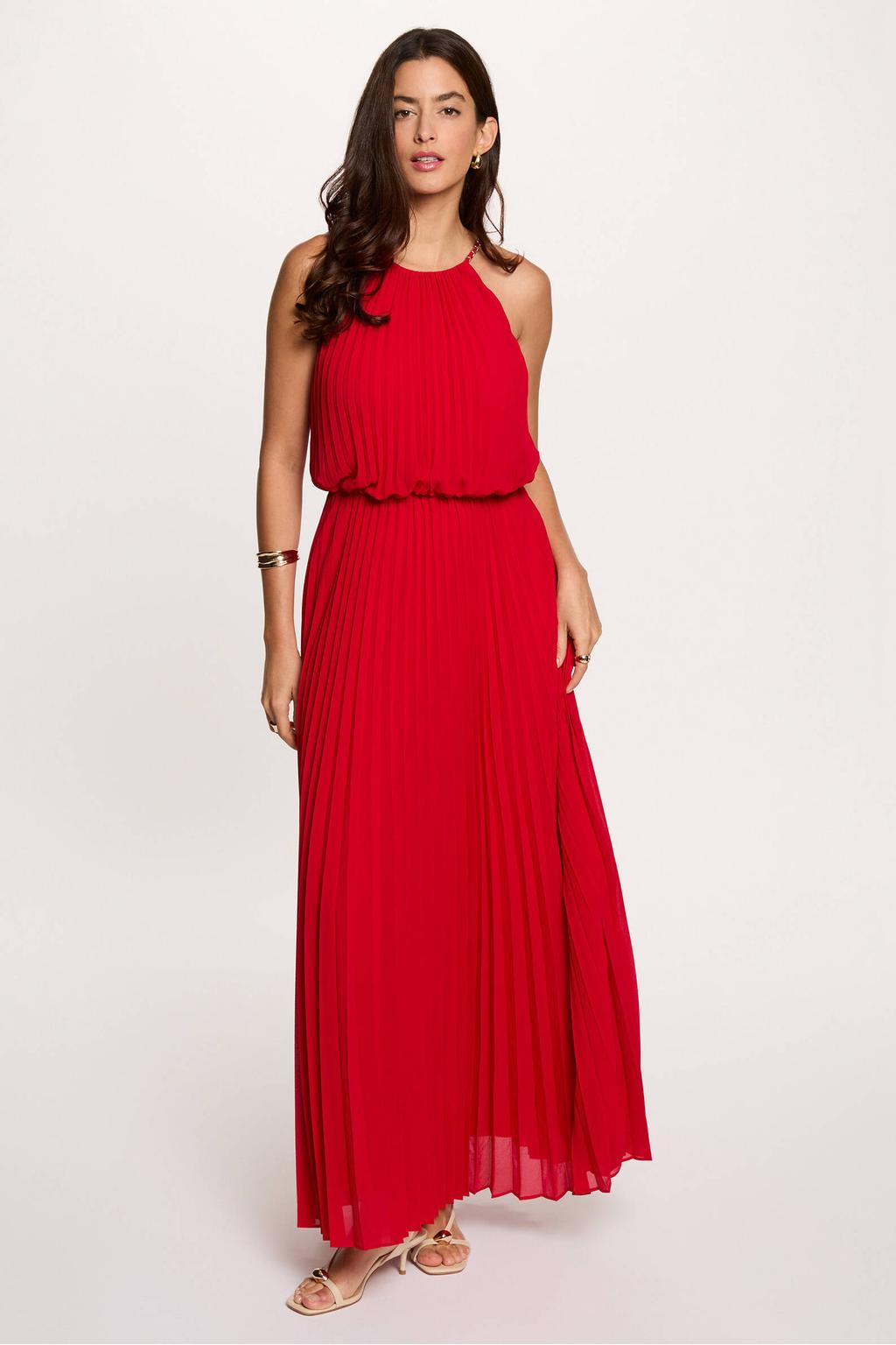 Rode dames Morgan maxi jurk van polyester met effen, ronde hals, knoopsluiting en plissé details