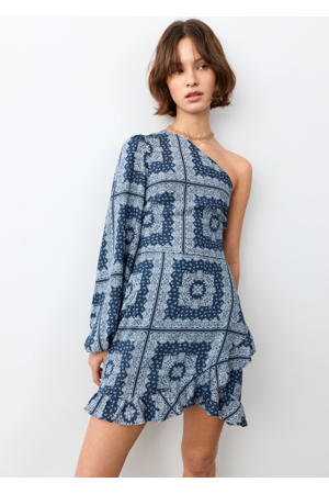 one shoulder jurk met paisley print blauw