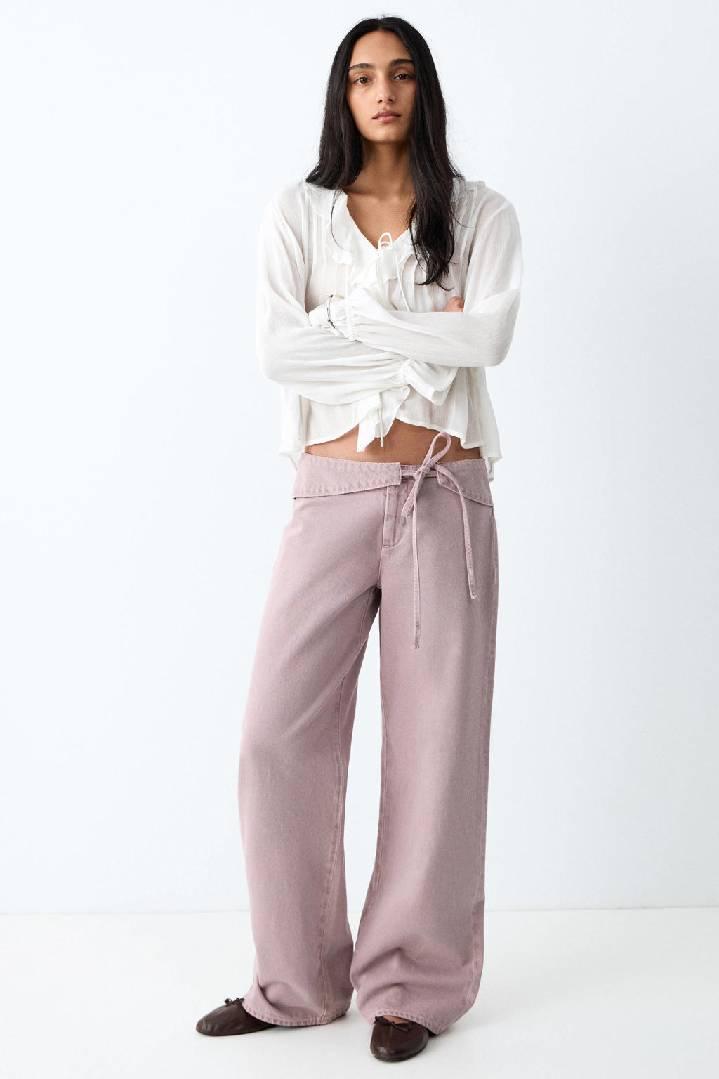 Roze meisjes MANGO TEEN low waist wide leg jeans van denim met rits- en knoopsluiting en effen