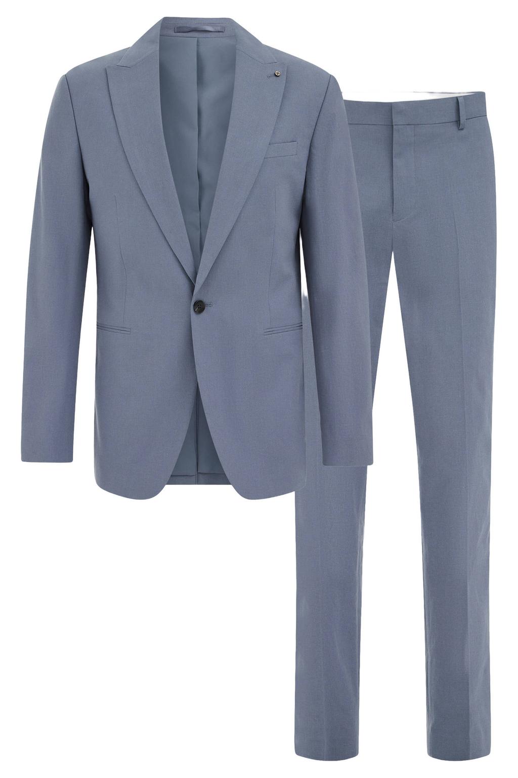 Blauwe heren WE Fashion pak van linnen met effen, reverskraag, rits, haak- en knoopsluiting en riemlussen