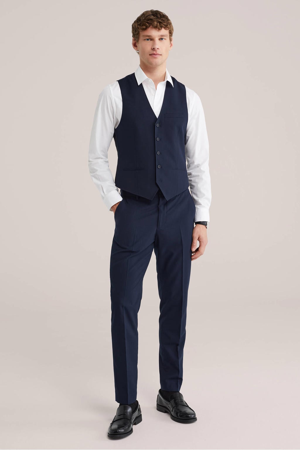 Donkerblauwe heren WE Fashion gilet van polyester met effen