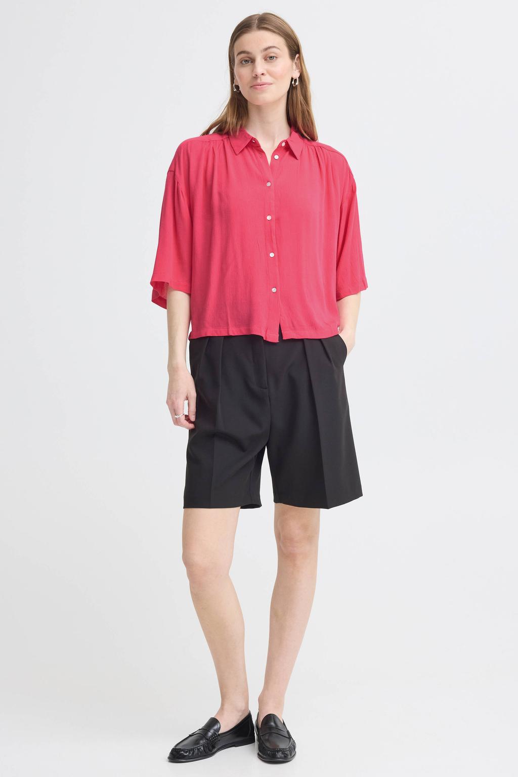 Roze dames ICHI blouse van viscose met effen, driekwart mouwen, klassieke kraag, knoopsluiting en plooien