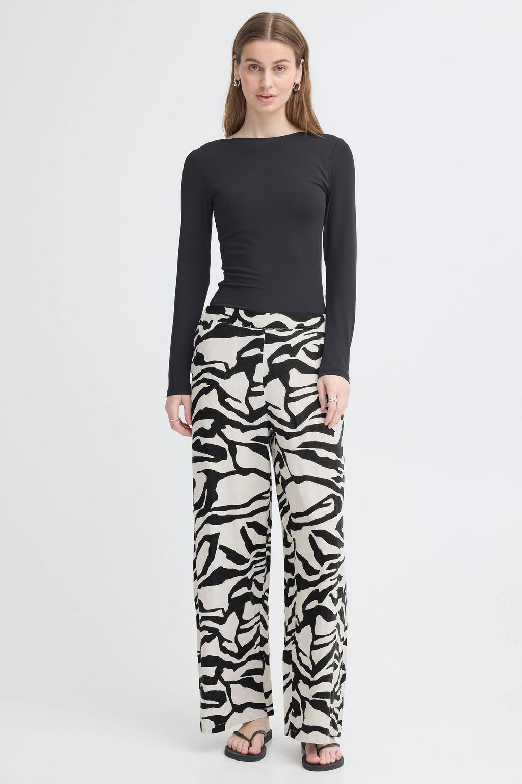 Zwart en witte dames ICHI high waist casual broek van linnen met loose fit en elastische tailleband