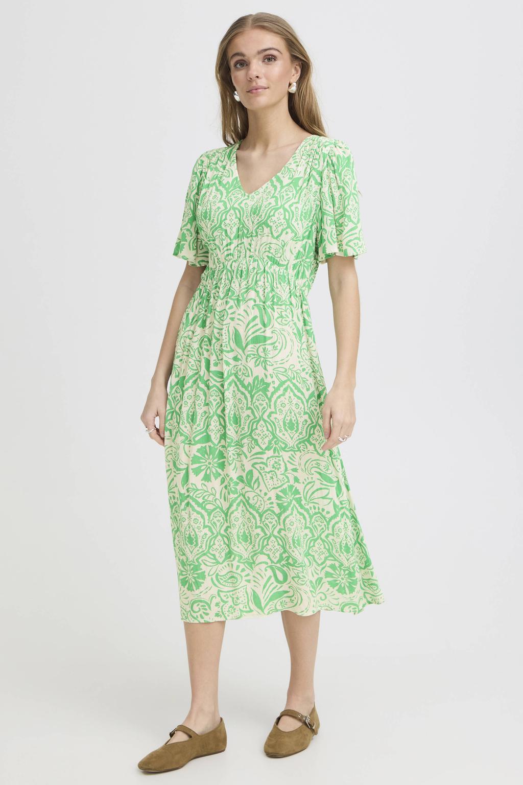 Groen en ecru dames ICHI gebloemde midi jurk van viscose met korte mouwen en V-hals