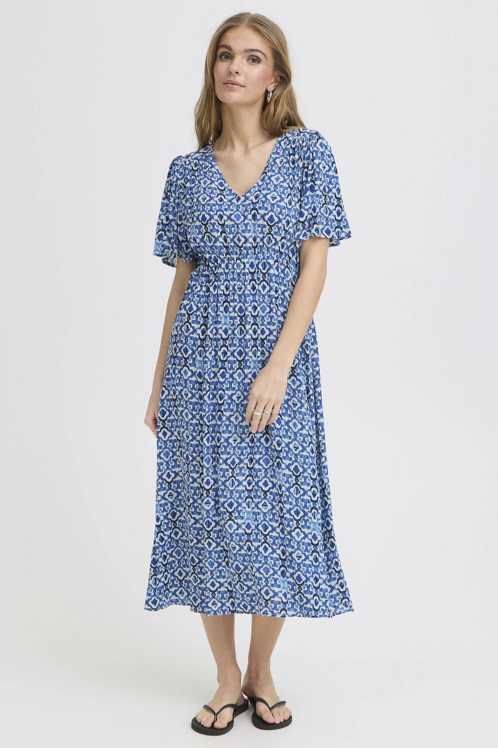 Blauw en ecru dames ICHI gebloemde midi jurk van viscose met korte mouwen en V-hals