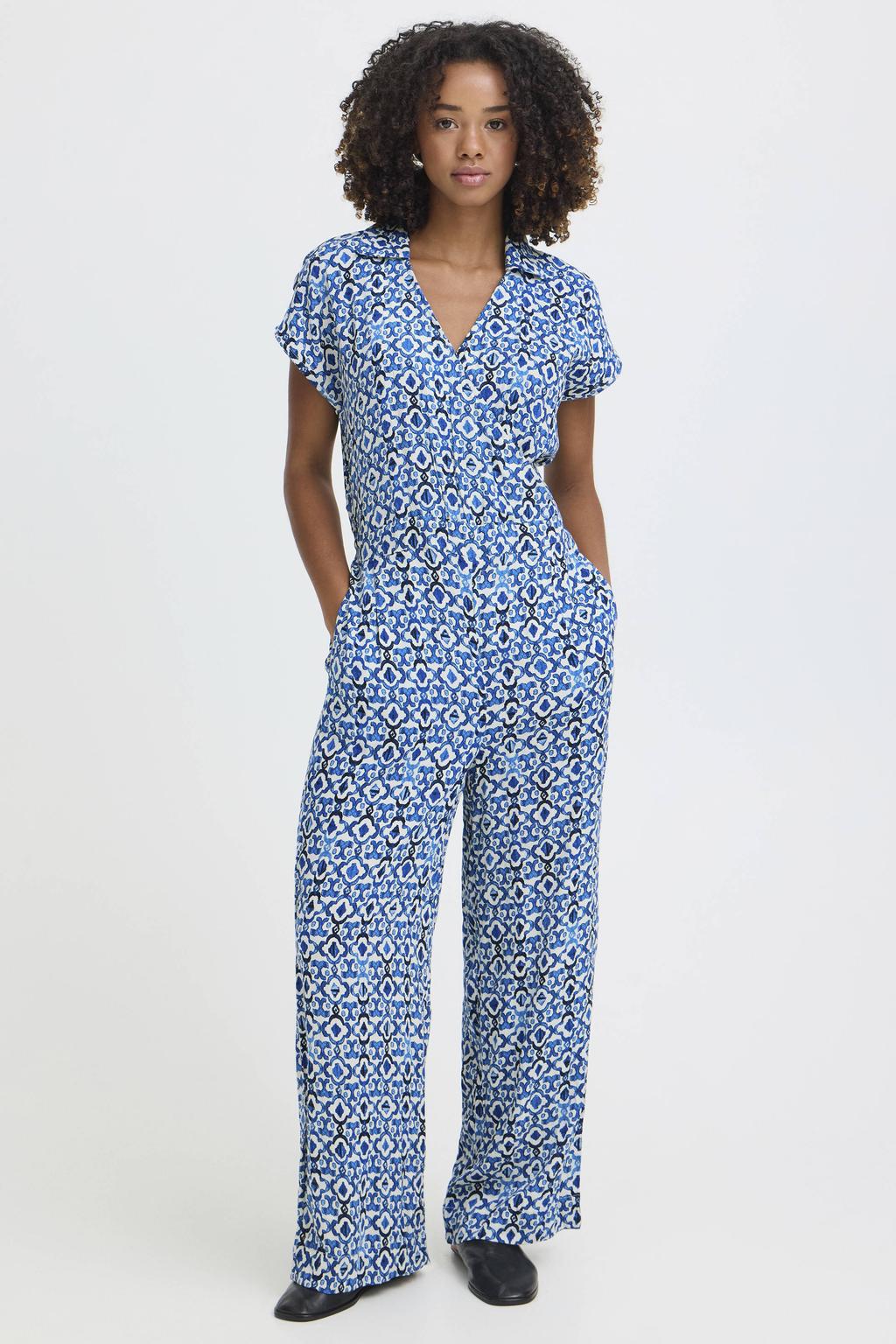 ICHI gebloemde jumpsuit blauw