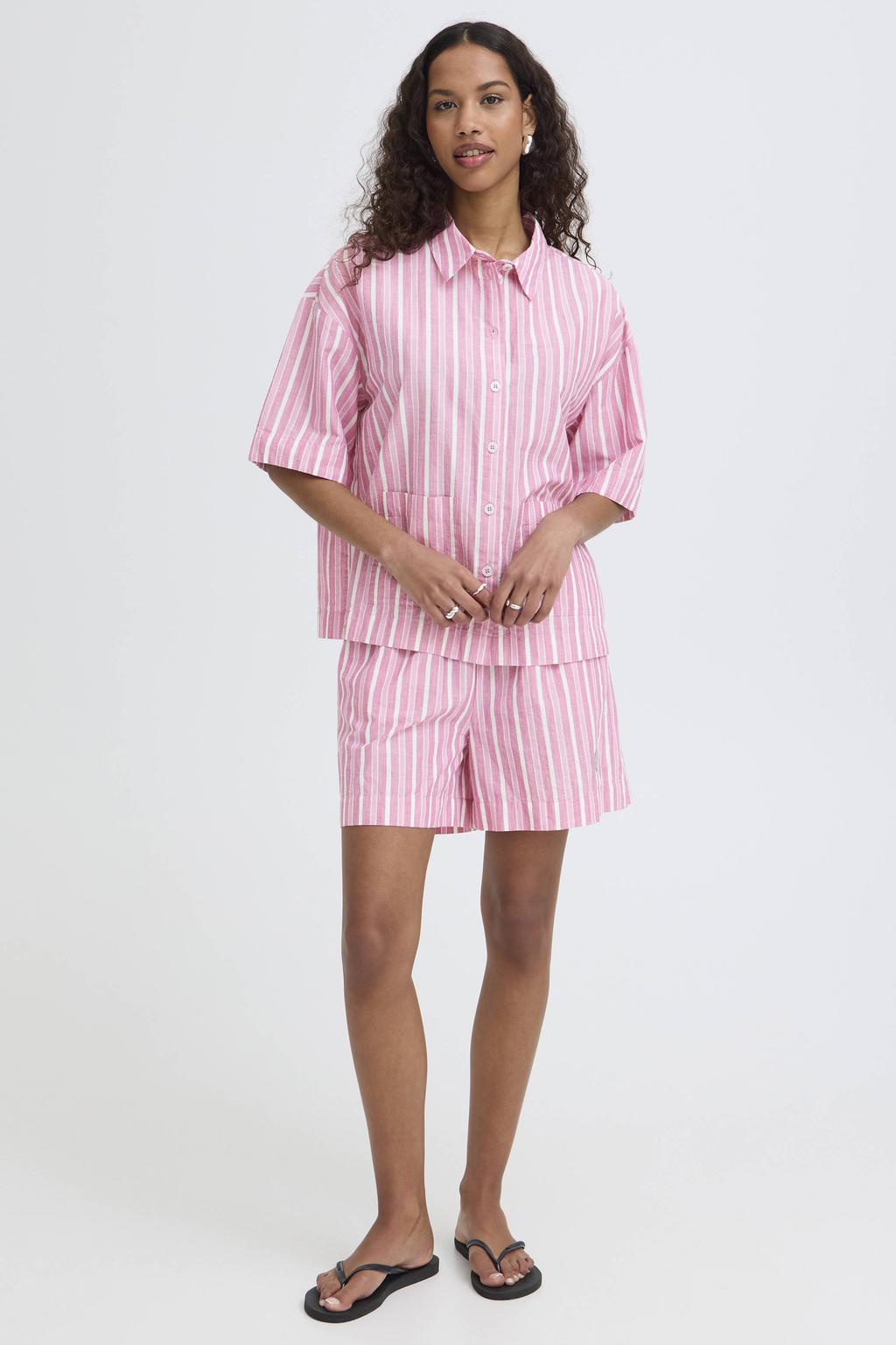 Roze en ecru dames ICHI gestreepte top met half lange mouwen en klassieke kraag