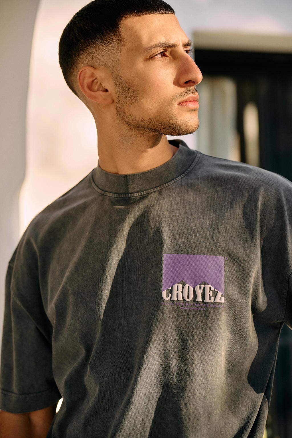 Grijze heren Croyez oversized T-shirt van katoen met backprint, korte mouwen en ronde hals
