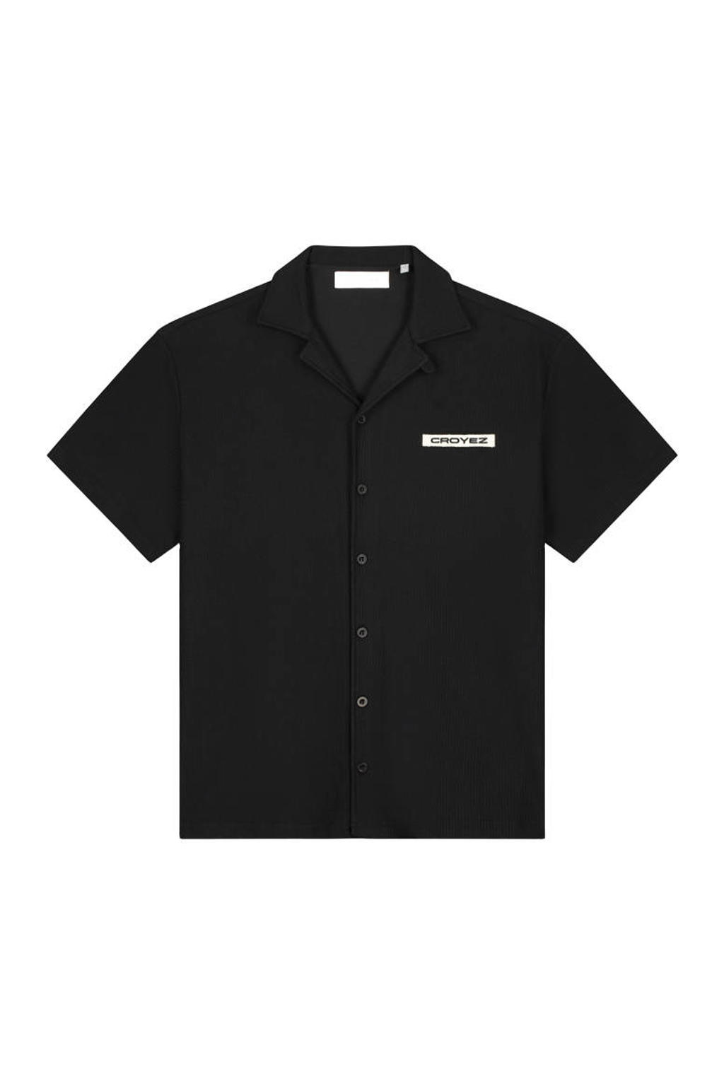 Zwarte heren Croyez relaxed overhemd rib gebreid van polyester met effen, korte mouwen, reverskraag en knoopsluiting