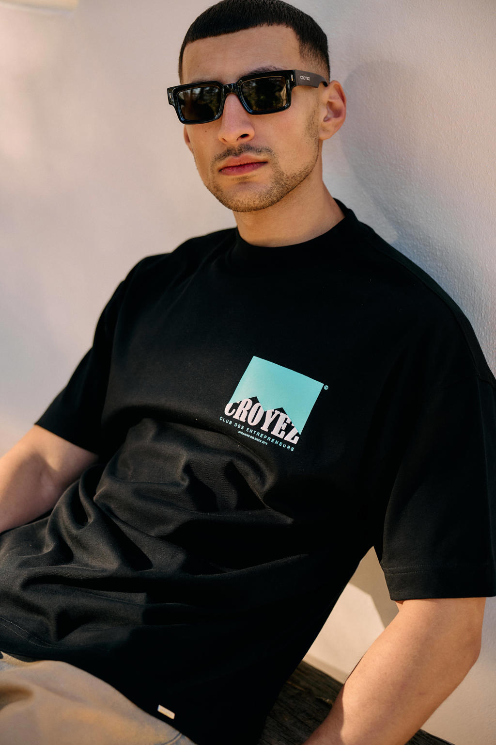 Zwarte heren Croyez oversized T-shirt van katoen met backprint, korte mouwen en ronde hals