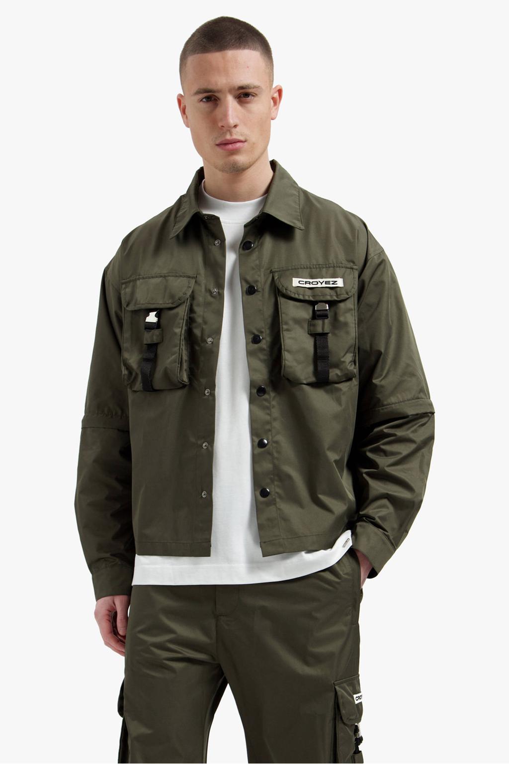 Groene heren Croyez overshirt van polyester met effen, lange mouwen, klassieke kraag en drukknoopsluiting