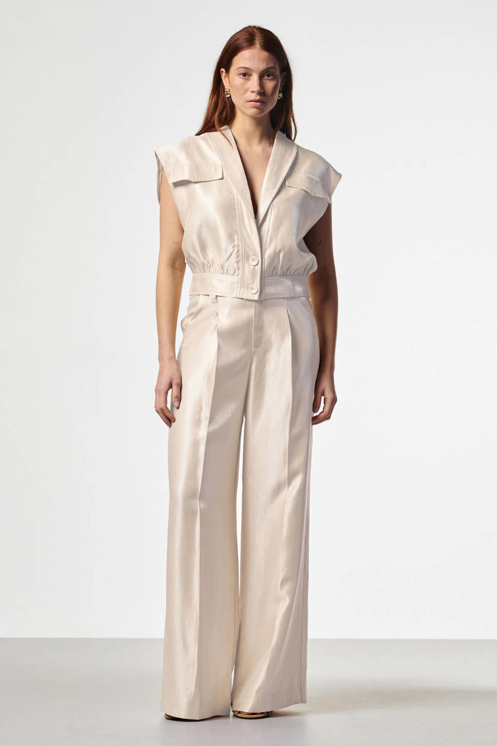 Crème dames Aaiko wide leg high waist broek crème van viscose met rits- en knoopsluiting en effen