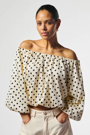 off shoulder top met stippen ecru