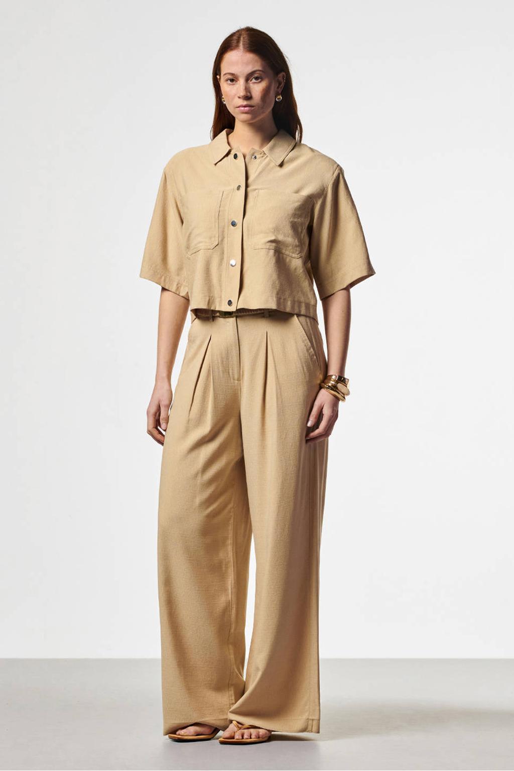 Beige dames Aaiko blouse van rayon met effen, half lange mouwen, klassieke kraag en knoopsluiting
