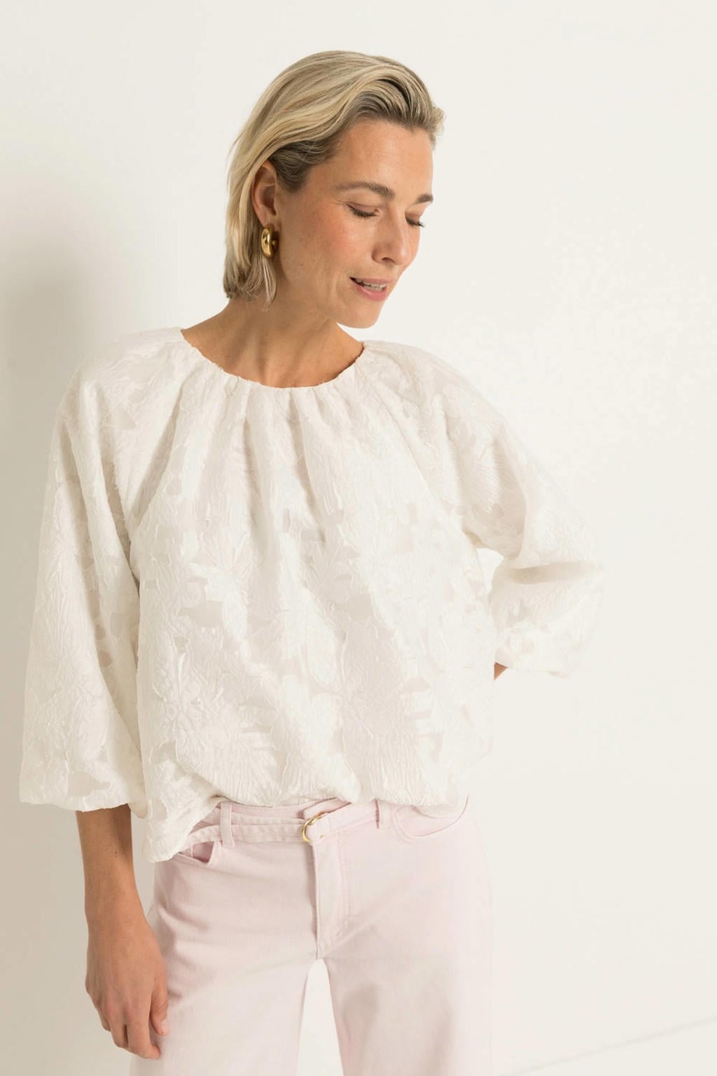 Witte dames CLAUDIA BY CLAUDIA STRÄTER blouse van polyester met driekwart mouwen, ronde hals en geweven detail