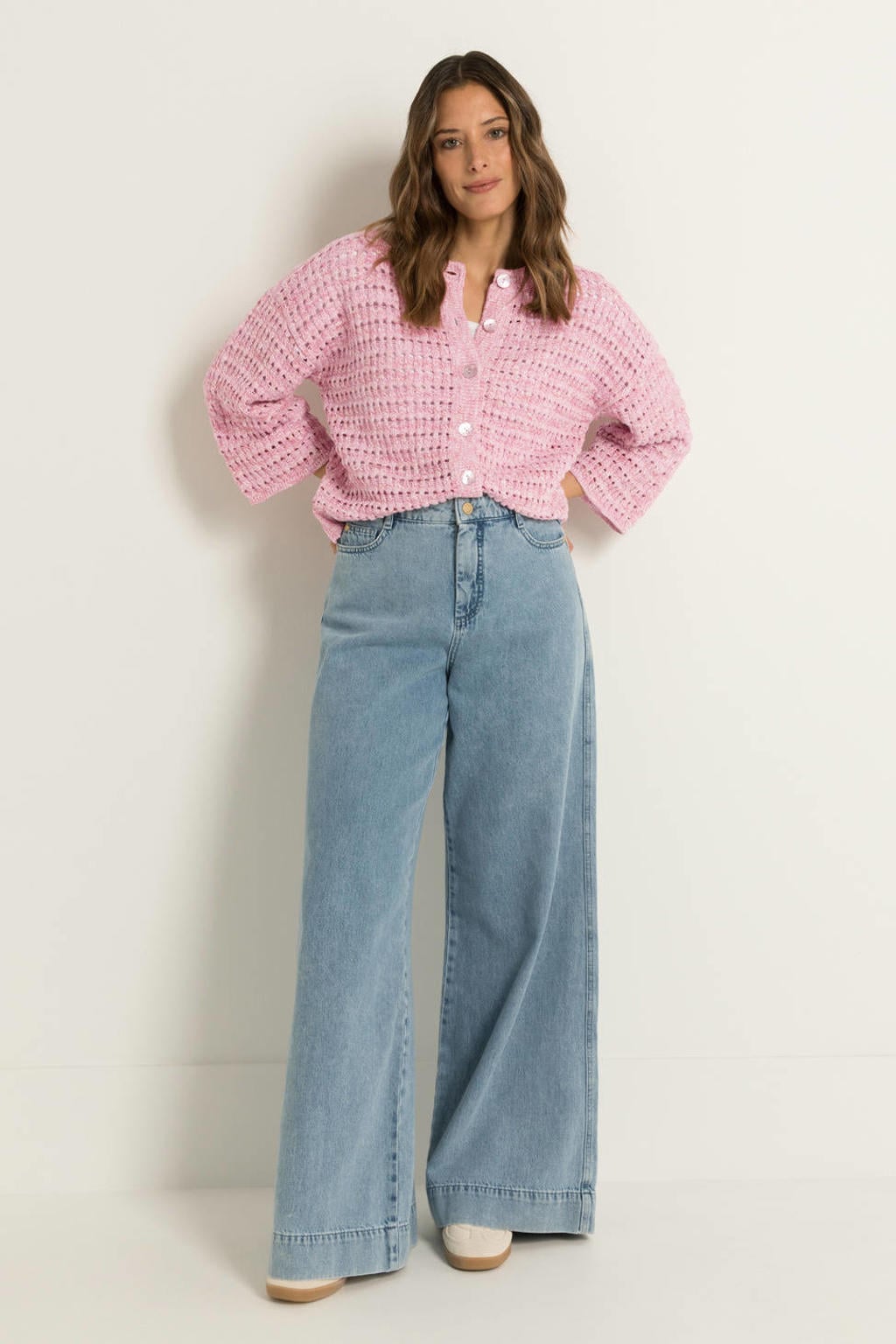 Medium blue denim dames CLAUDIA BY CLAUDIA STRÄTER high waist wide leg jeans van denim met rits- en knoopsluiting en effen