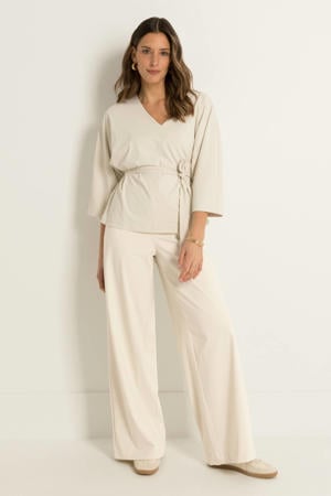 travelstof wide leg high waist casual broek ecru fijn gebreid