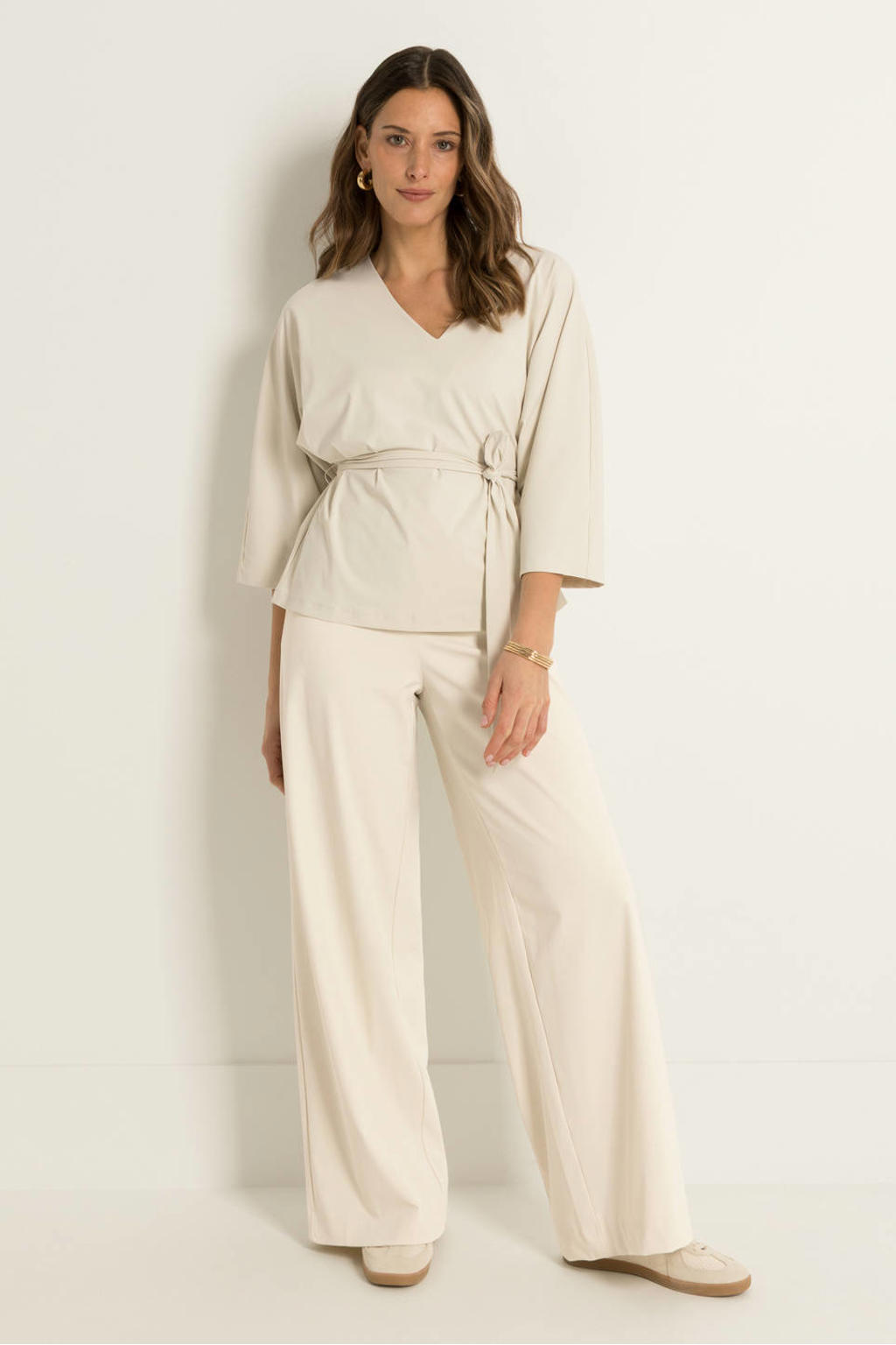 Ecru dames CLAUDIA BY CLAUDIA STRÄTER travelstof wide leg high waist casual broek fijn gebreid met effen