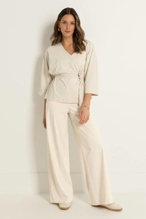 travelstof wide leg high waist casual broek ecru fijn gebreid
