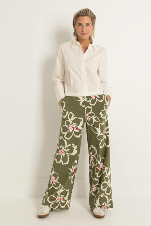travelstof wide leg high waist gebloemde casual broek donkergroen fijn gebreid