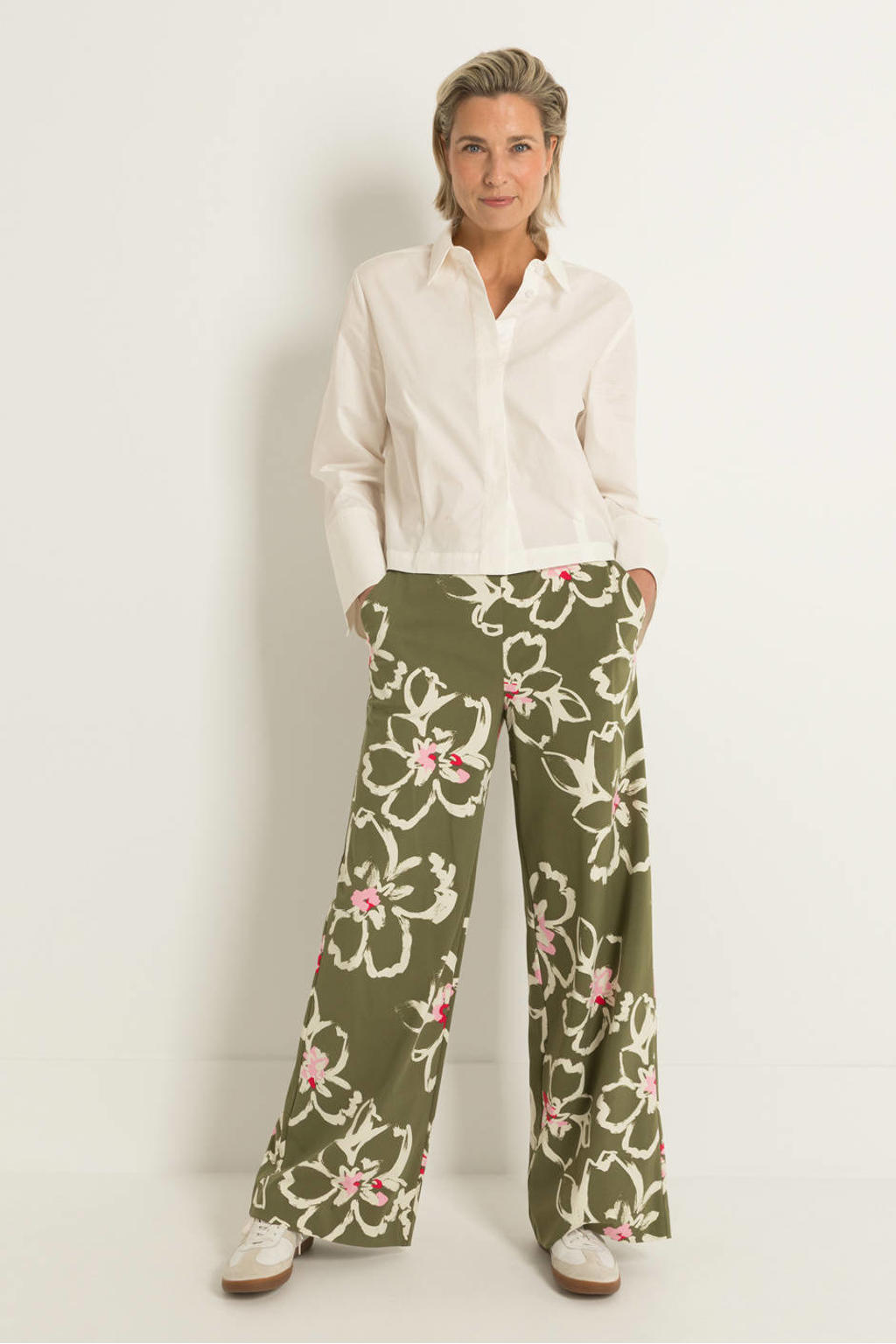 Donkergroene dames CLAUDIA BY CLAUDIA STRÄTER travelstof wide leg high waist gebloemde casual broek fijn gebreid
