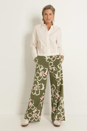 travelstof wide leg high waist gebloemde casual broek donkergroen fijn gebreid