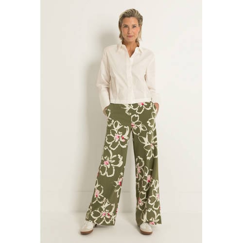 CLAUDIA BY CLAUDIA STRÄTER travelstof wide leg high waist gebloemde casual broek donkergroen fijn gebreid afbeelding