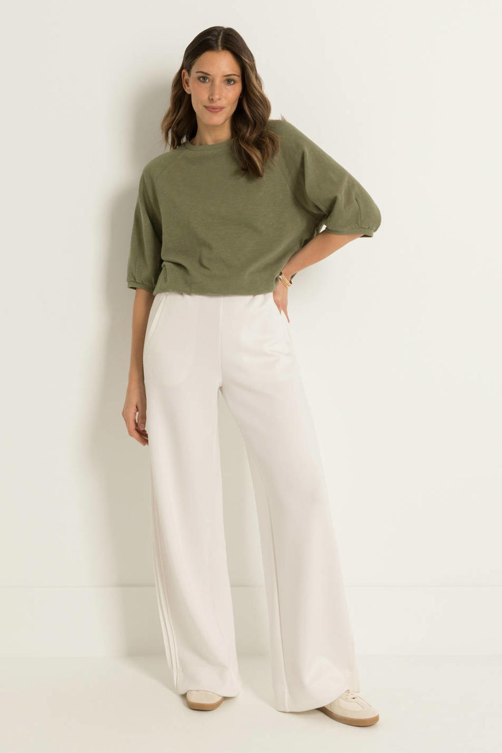 Crème dames CLAUDIA BY CLAUDIA STRÄTER wide leg high waist casual broek gebreid van viscose met effen