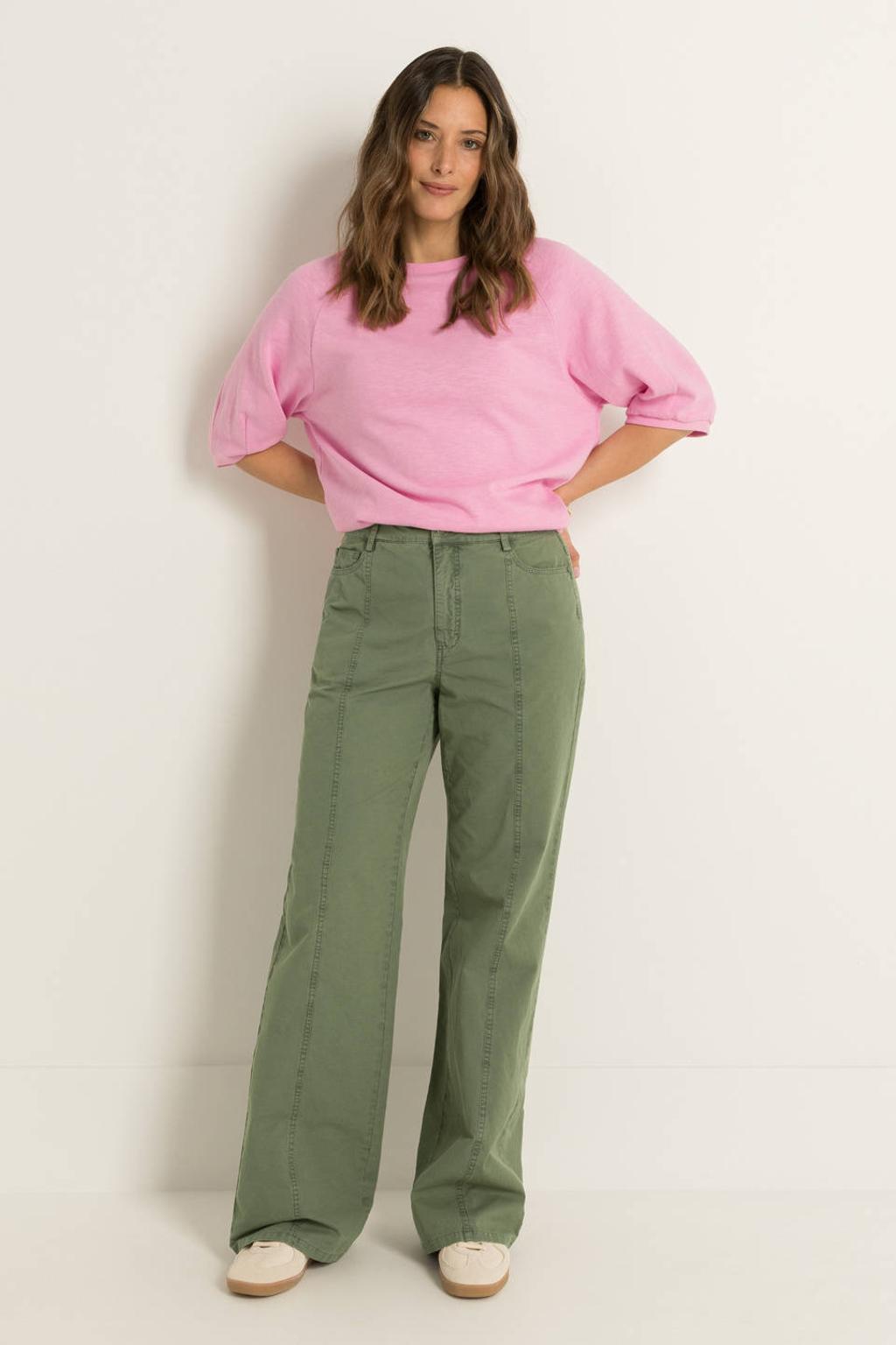 Kakikleurige dames CLAUDIA BY CLAUDIA STRÄTER high waist flared jeans van katoen met rits- en knoopsluiting en effen