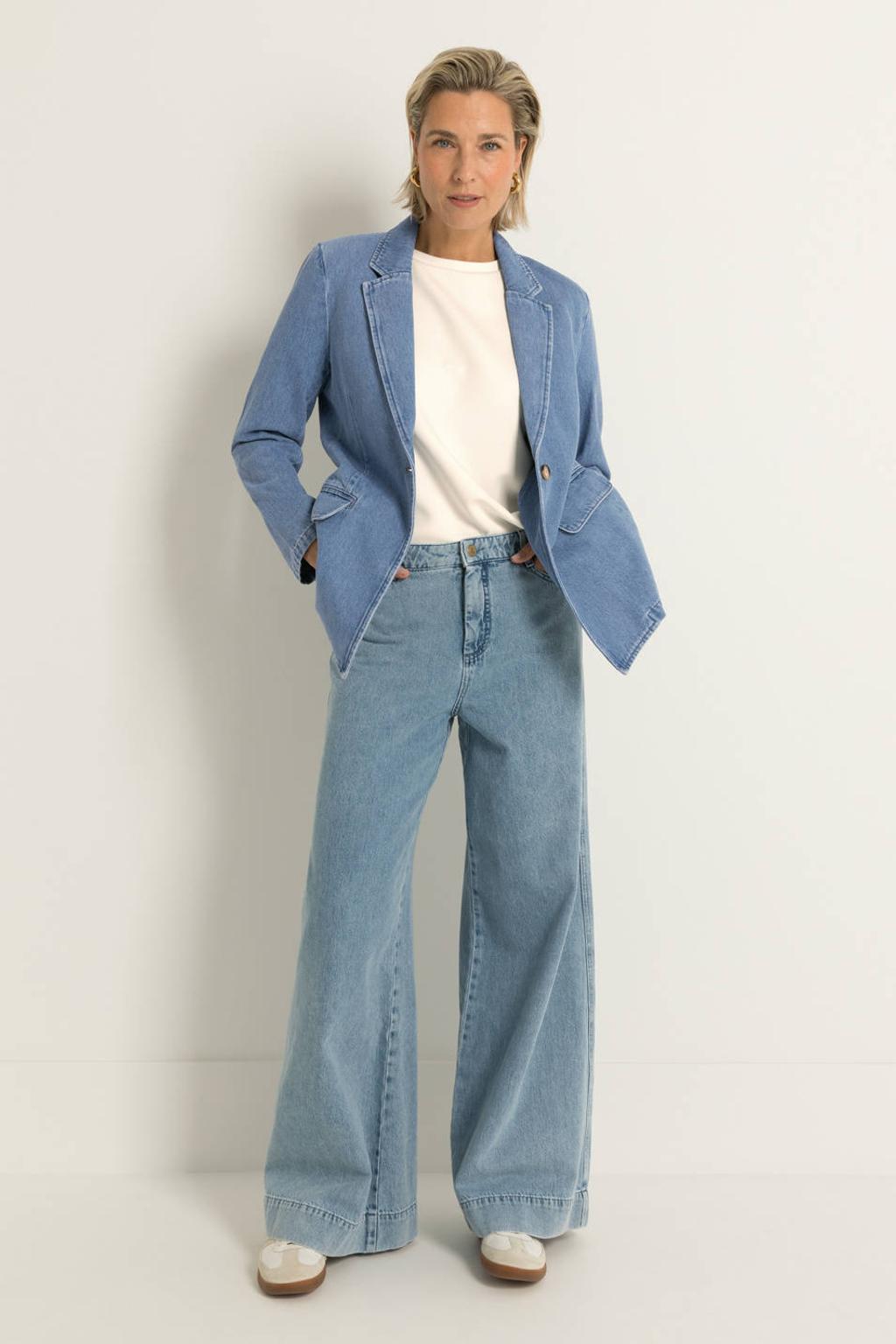 Light blue denim dames CLAUDIA BY CLAUDIA STRÄTER regular blazer van denim met effen, lange mouwen, reverskraag, knoopsluiting en geweven detail